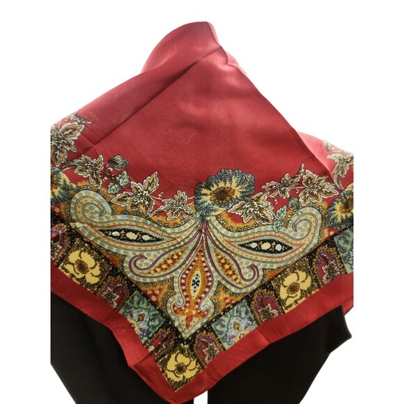 Square Silk Scarf Red With Ornate Paisley Floral Print 27.5 inch Square Wild Rag - Picture 9 of 16